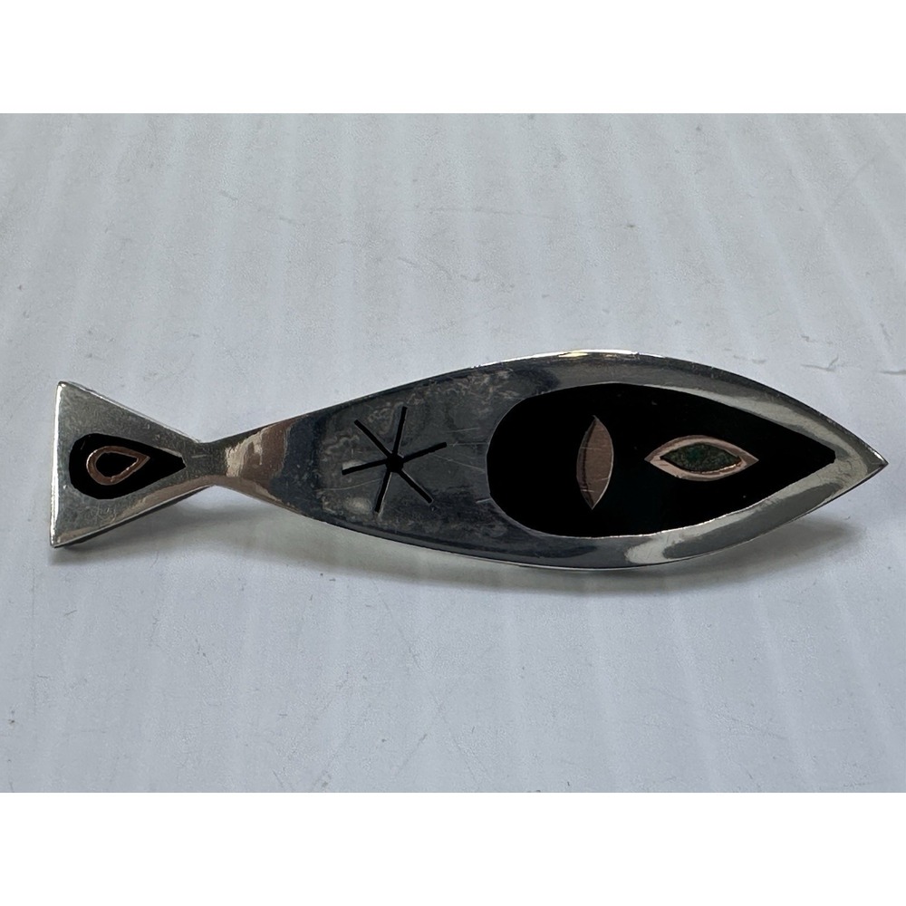 Vintage Taxco Mexico Sterling Silver Black‎ Onyx Fish Brooch Mid Century Modern